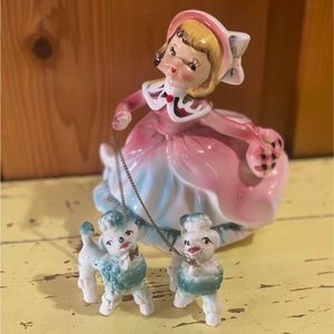 Vintage Made in Japan Ceramic Girl Planter With Chained Poodles